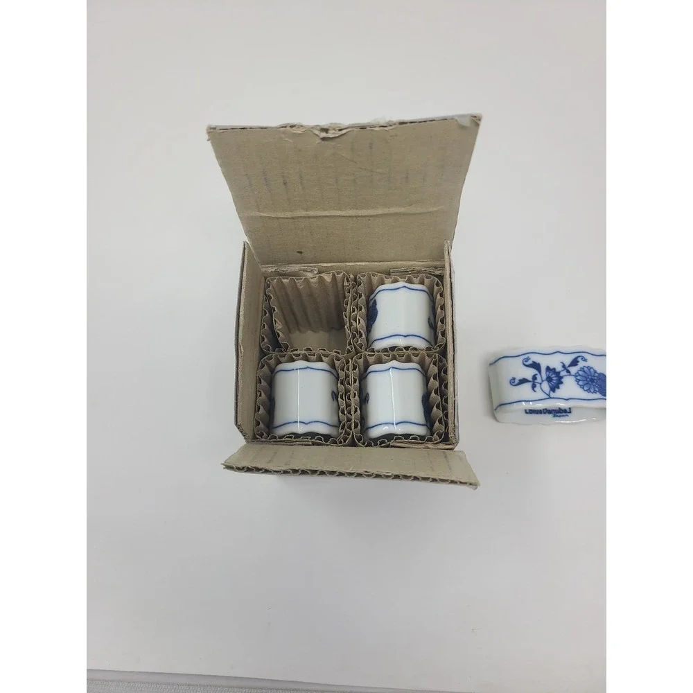 Vintage Blue Danube Onion Pattern Porcelain Napkin Rings Set of 4 Japan w/Box